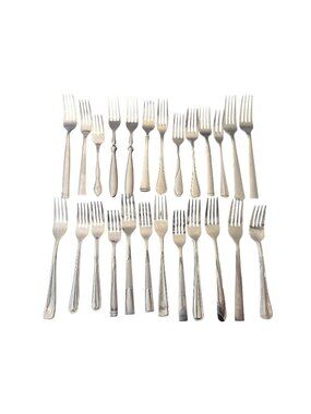 Mixed Set Of 25 Vintage Stainless Steel Dinner Forks In Assorted Patterns